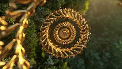 Golden Ornate Rings Rotating In Lush Green Forest