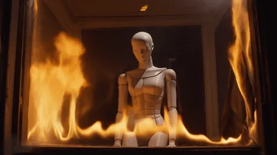 White Mannequin Sitting Inside A Glass Box Surrounded By Fire