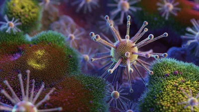 Microscopic View Of Colorful Viruses Floating In Biological Environment