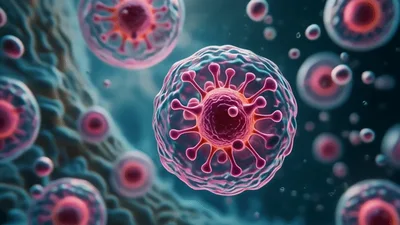 Microscopic View Of Viral Cells Floating In Fluid