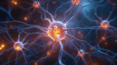 Glowing Neurons Transmitting Electrical Signals In Neural Network