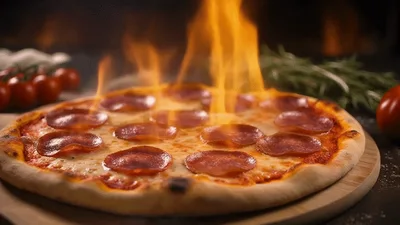 Flaming Pepperoni Pizza On A Wooden Board