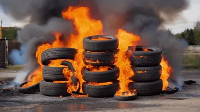 Stack Of Burning Tires Creating Thick Black Smoke