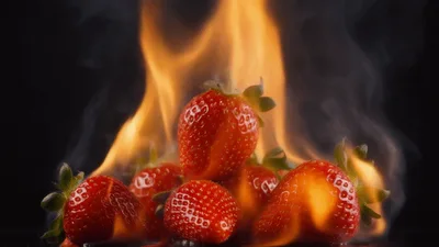 Fresh Red Strawberries Burning In Bright Orange Flames