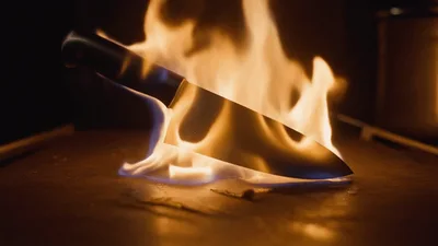 Chef Knife Resting On A Flaming Surface