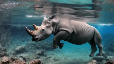 Rhino Swimming Underwater In Clear Tropical Ocean Waters