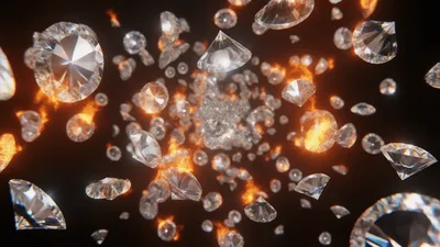 Floating Diamonds Surrounded By Glowing Fire Particles