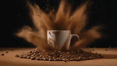 Coffee Powder Explosion Around A White Ceramic Cup