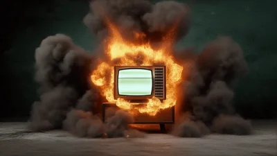 Vintage Television Set Engulfed In Intense Fire And Smoke