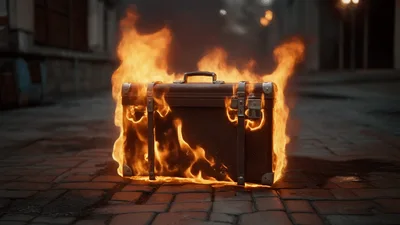 Vintage Leather Suitcase Burning On Cobblestone Street