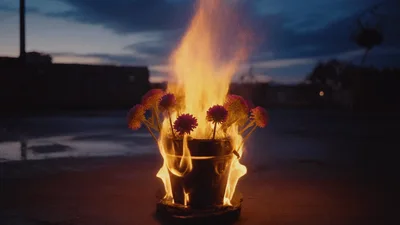 Burning Flower Pot With Vibrant Blooms At Dusk