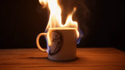 White Coffee Mug Engulfed In Bright Orange Flames