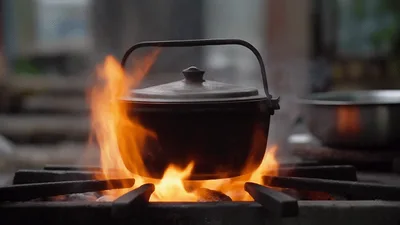 Cast Iron Pot Boiling Over Open Fire