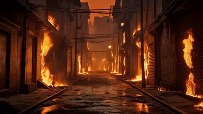 Narrow City Alleyway Engulfed In Intense Flames