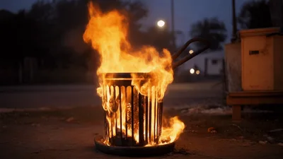 Burning Metal Trash Can At Night