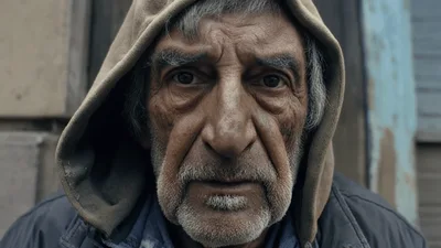 Close Up Portrait Of An Elderly Homeless Man