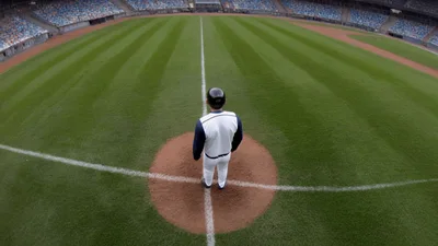 Baseball Player Standing On Pitcher Mound In Empty Stadium