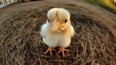 Cute Fluffy Yellow Chick Standing On Dry Grass
