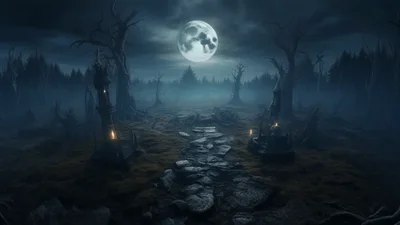 Spooky Foggy Forest Path Under Full Moon
