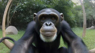 Chimpanzee Looking Directly Into Camera Lens In Forest