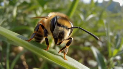 Honey Bee Resting On A Green Leaf