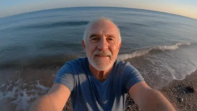 Senior Man Filming Selfie Video On Pebble Beach
