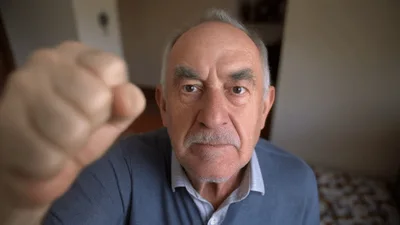 Elderly Man Threatening With A Clenched Fist