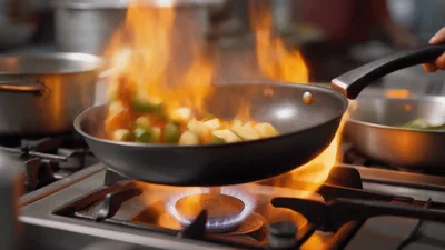 Chef Sautéing Fresh Vegetables In A Flaming Pan