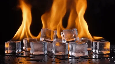 Ice Cubes Melting In Front Of Burning Fire