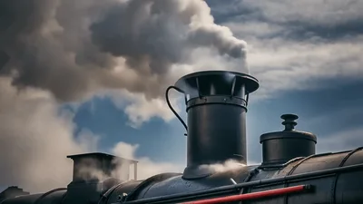 Steam Locomotive Chimney Emitting Thick Smoke Against Blue Sky