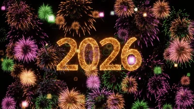 Golden 2026 Text With Exploding Colorful Fireworks Display