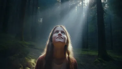 Young Girl Looking Up In A Sunlit Forest