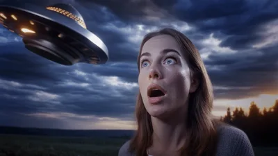 Shocked Woman Watching A Flying Saucer In The Sky