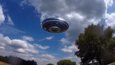 Metallic UFO Hovering Above A Rural Field