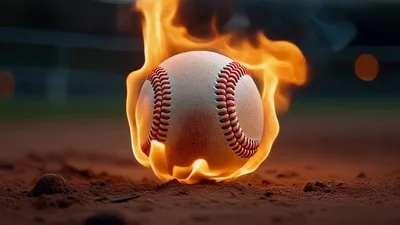 Baseball On Fire Resting On Dirt Field