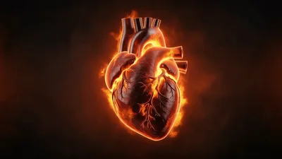 Burning Human Heart Beating In Dark Background