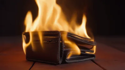 Brown Leather Wallet Burning On Wooden Surface