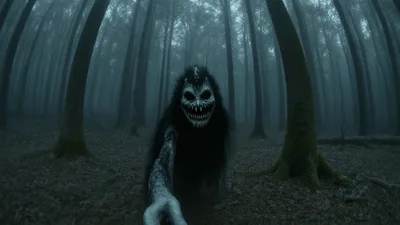 Creepy Monster Reaching Out In A Dark Foggy Forest
