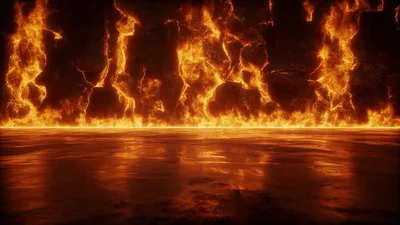 Intense Wall Of Fire Burning Over Dark Ground