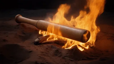 Wooden Baseball Bat Burning In A Fire Pit