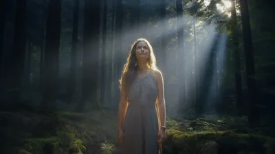Young Woman Standing In Sunlit Forest Clearing