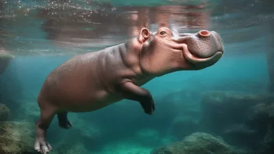 Hippopotamus Swimming Underwater In Clear Blue Water