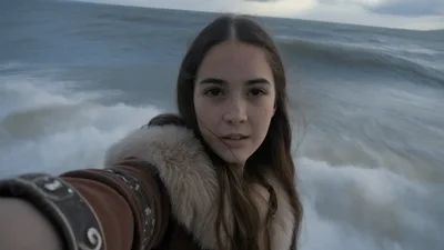 Young Woman Filming Selfie Video On Stormy Beach