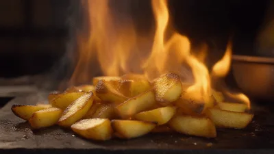 Golden Potato Wedges Searing Over Open Flame