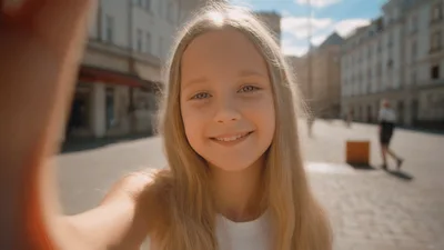 Young Girl Taking A Selfie In A Sunny City Square