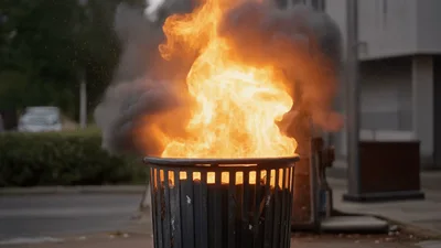 Trash Can Burning With Large Flames And Smoke