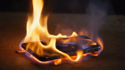 Smartphone Engulfed In Intense Flames On Dark Surface