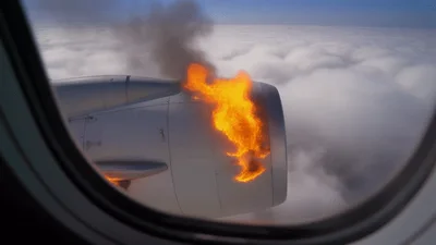 Airplane Jet Engine Catching Fire In Mid Air