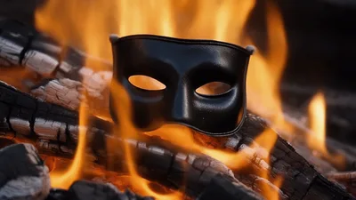 Black Masquerade Mask Resting On Burning Wood Fire