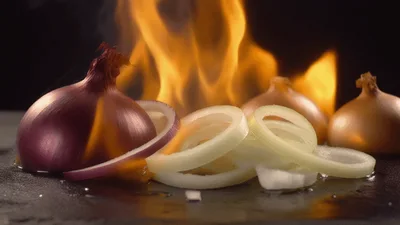 Red And Yellow Onions Sizzling On Hot Griddle